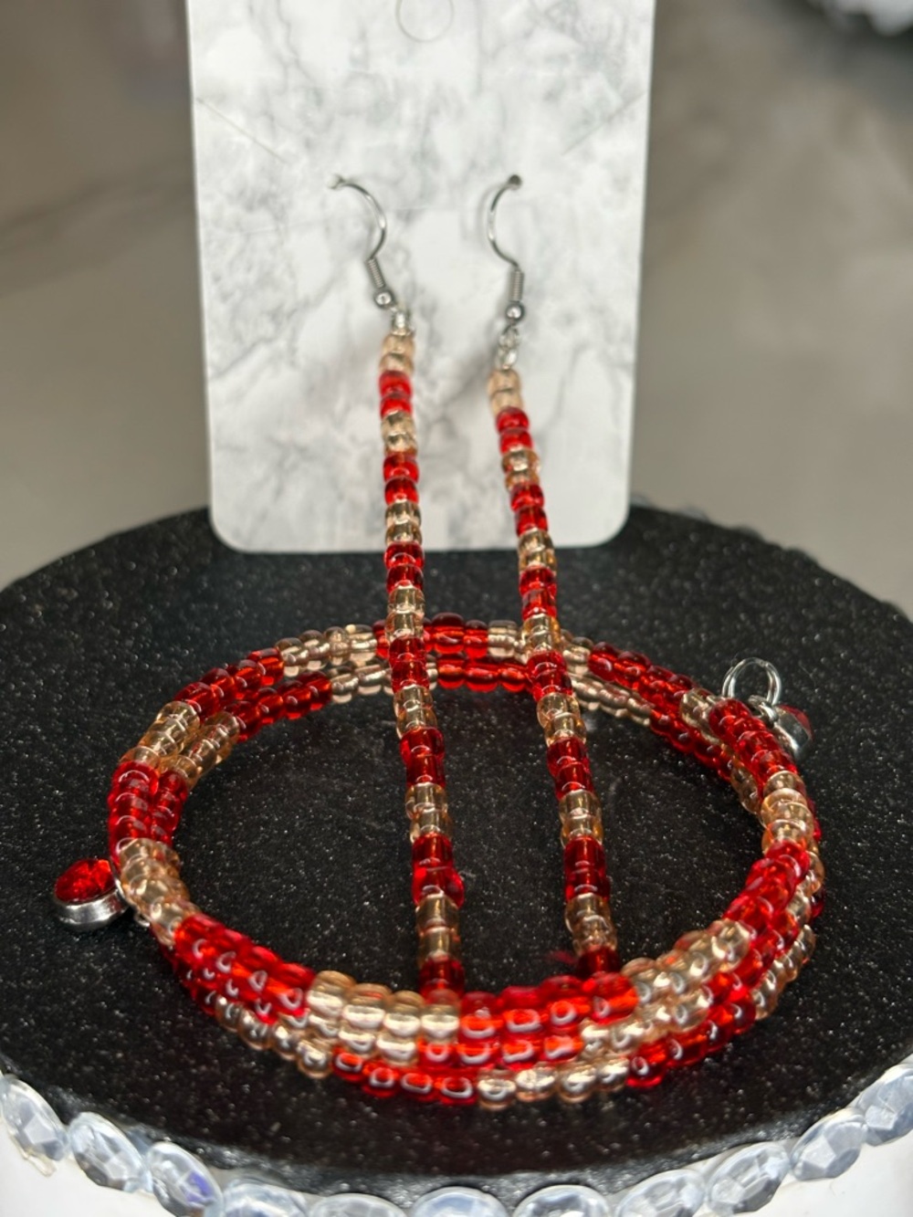 Red and Gold Seed glass Beads and Earrings - Women Jewelry